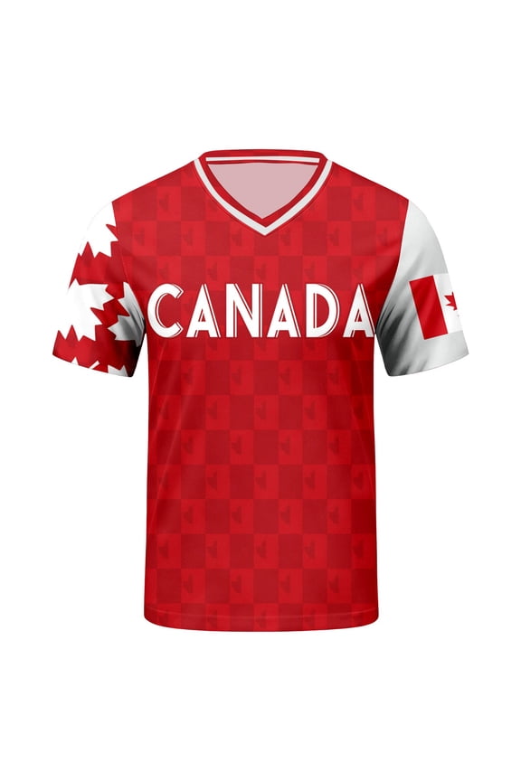 Womens Canada Letter Graphic Soccer V Neck Short Sleeve Checkered Pattern Country Pride Football Fan Athletic Style Shirt