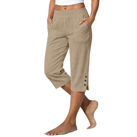 Trendfront Womens Capri Pants Solid Elastic Waist Side Pockets Cropped Trousers Button Hem Detail Relaxed Straight Leg Bottoms