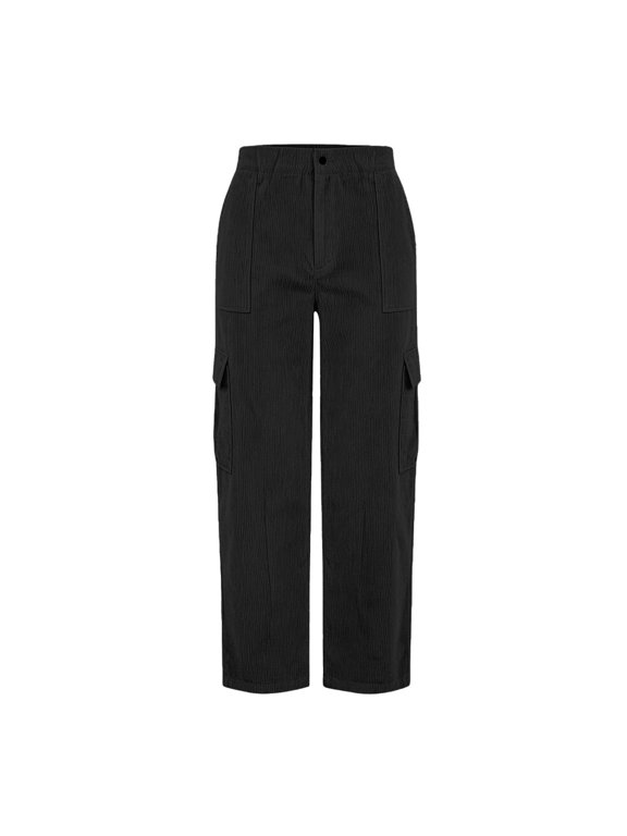 Womens Cargo Pants Solid High Waist Button Closure Front Patch Pockets Straight Leg Trousers Cropped Casual Bottoms