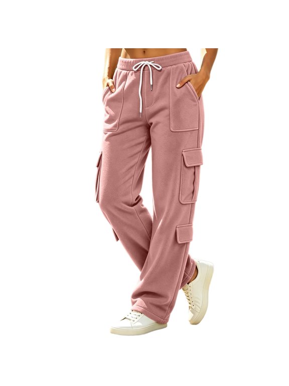 Womens Cargo Pants Solid Patch And Flap Pockets Drawstring Waist Wide Leg Trousers Full Length Relaxed Fit Casual Bottoms