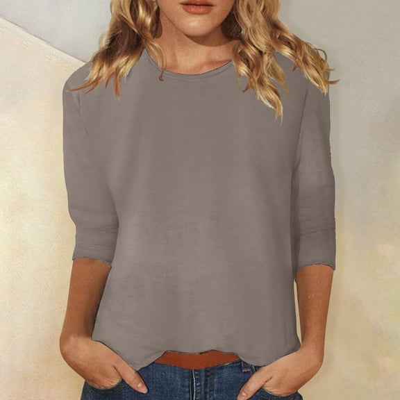 Trendfront Womens Casual Crew Neck 3/4 Sleeve Tops Solid Color Plain Simple Design Tees Fashionable Everyday Style Apparel T-Shirts