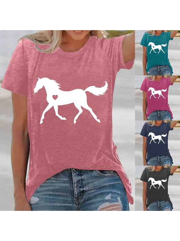 Womens Casual Fashion Tops Short Sleeve Crewneck Shirt Horse Riding Graphic T Shirts Summer Loose Fit Daily Style Clothing