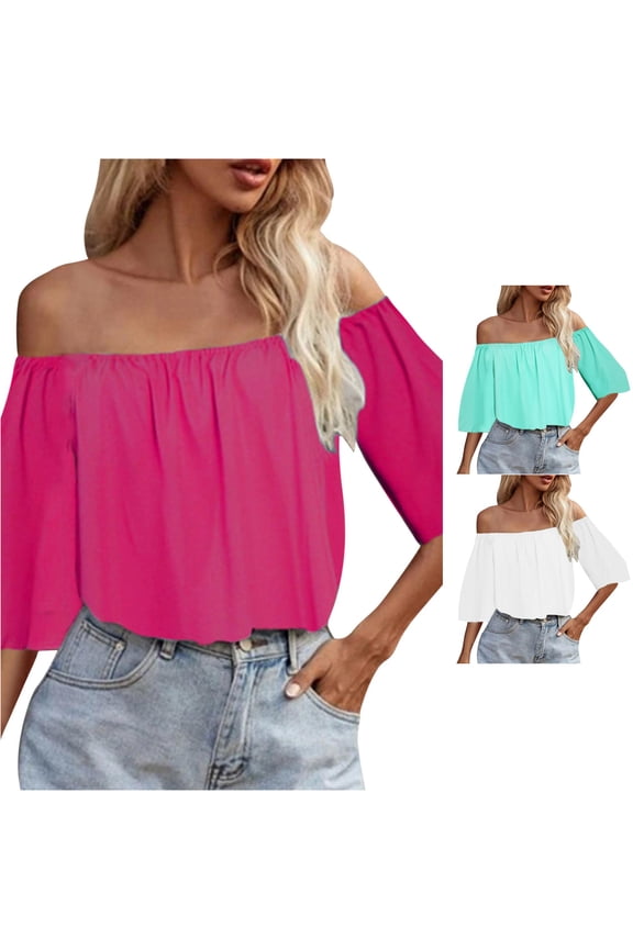 Womens Casual Loose Fit Blouses Off Shoulder 3/4 Sleeve Solid Color Boho Beach Vacation Summer Tops