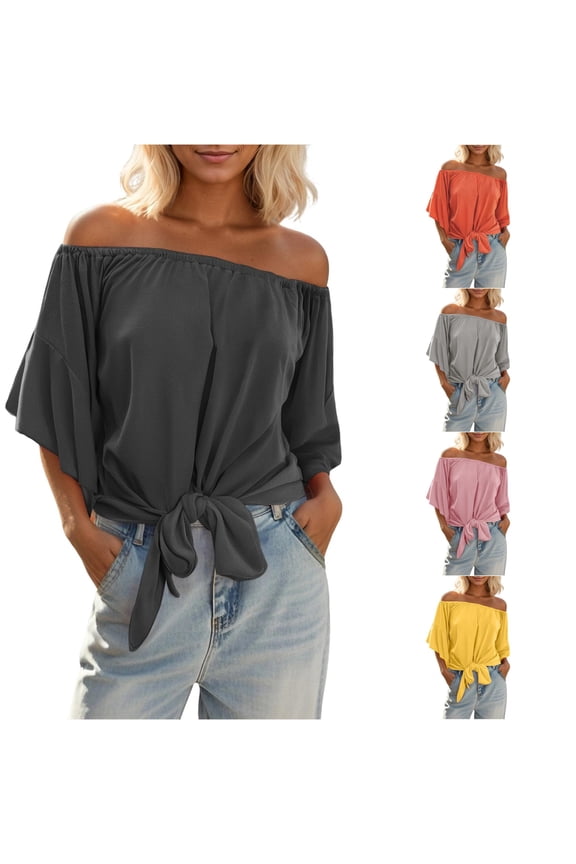 Womens Casual Loose Fit Blouses Off Shoulder Flutter Short Sleeve Tie Front Summer Vacation Resort Dressy Daily Wear