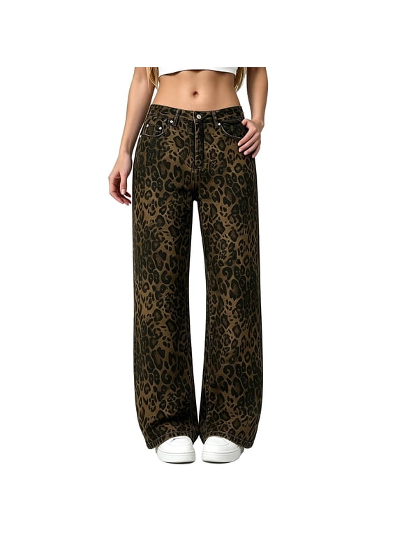 Womens Casual Pants Leopard Print Wide Leg Jeans Mid Rise Button Zip Fly Belt Loops Front Pockets Cheetah Print Full Length Casual Denim Bottoms Pants