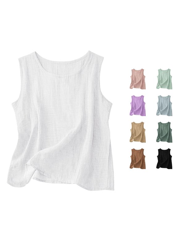 Womens Casual Tank Tops Crewneck Sleeveless Side Split Hem Relaxed Fit Solid Color Summer Lightweight Layering Blouse Tops