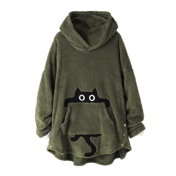 Trendfront Womens Cat Graphic Hoodies Long Sleeve Fuzzy Pullover Side Button Detail High Low Hem Loose Fit Tunic Sweatshirts