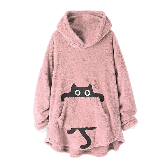 Trendfront Womens Cat Graphic Hoodies Long Sleeve Fuzzy Pullover Side Button Detail High Low Hem Loose Fit Tunic Sweatshirts