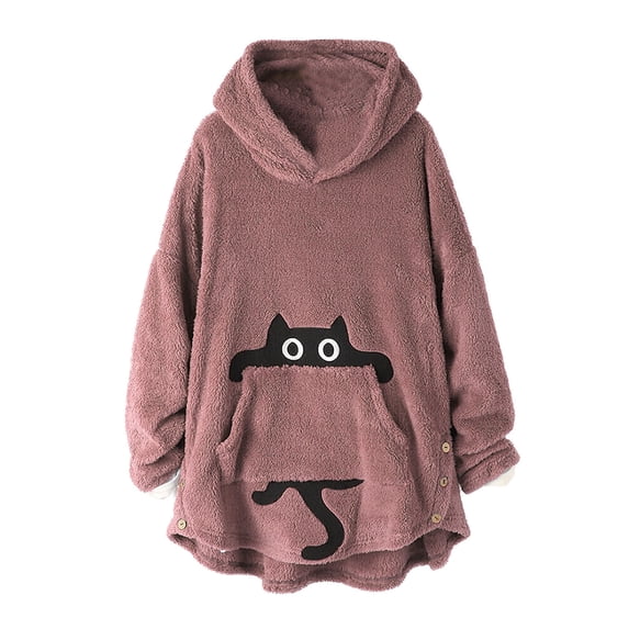 Trendfront Womens Cat Graphic Hoodies Long Sleeve Fuzzy Pullover Side Button Detail High Low Hem Loose Fit Tunic Sweatshirts