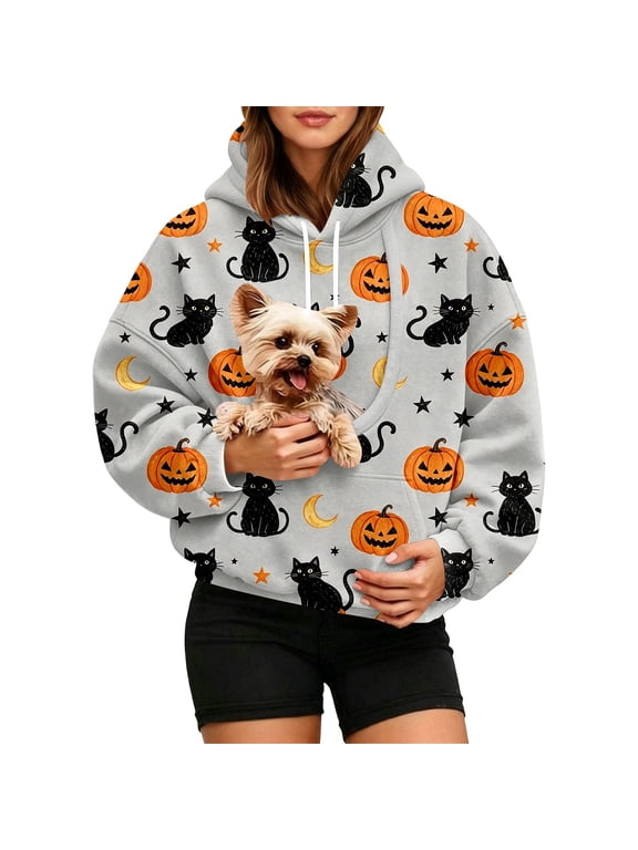 Womens Cat Hoodie with Pet Pouch Halloween Long Sleeve Pullover Cat Jack O Lantern Crescent Moon and Star All Over Print with Front Pouch Halloween Hoodies
