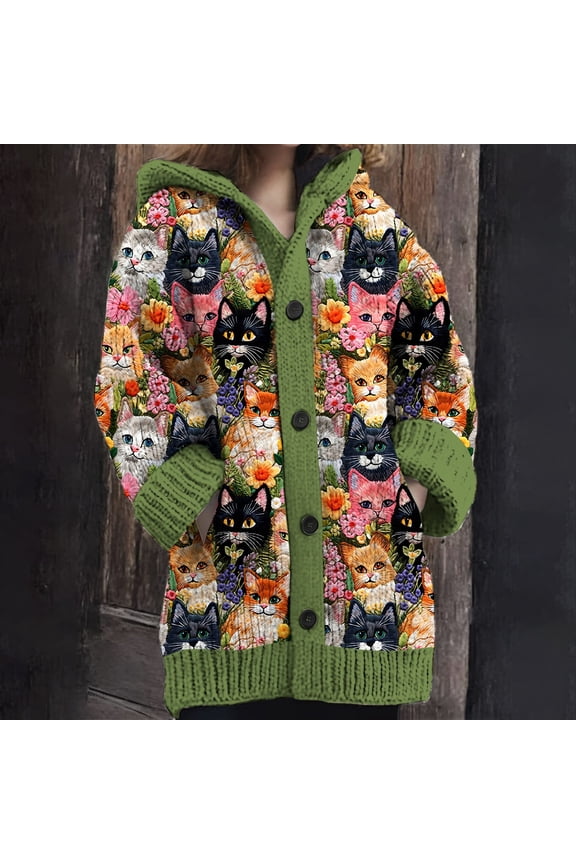 Womens Cat Print Cardigan Sweater Long Sleeve Hooded Button Front Knit Jacket Colorful Animal Graphic Casual Warm Outerwear