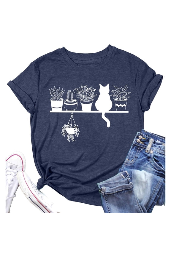 Womens Cat and Graphic Print Tee Summer Short Sleeve T Shirts Fashion Crewneck Funny Pet Lover Casual Style Clothes