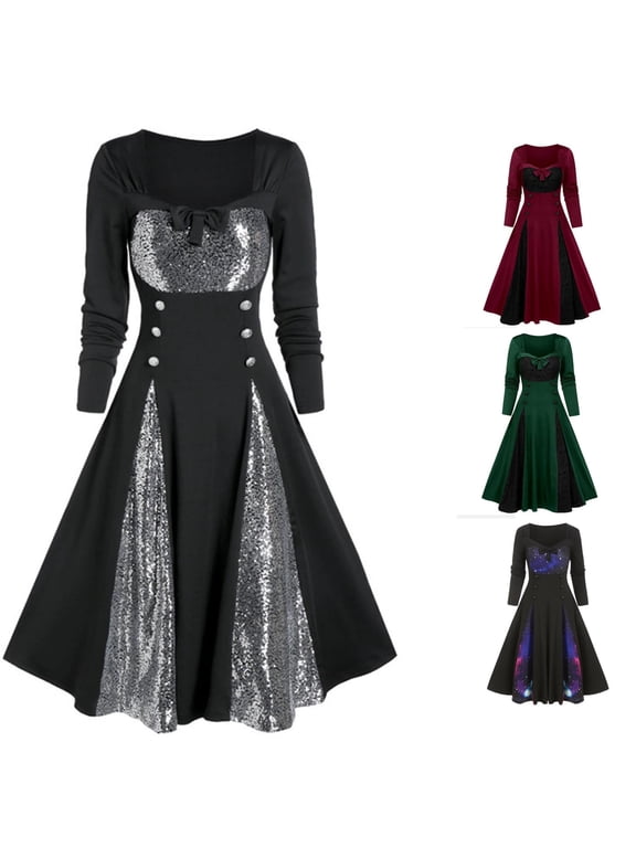 Womens Celestial Graphic Midi Dress Crewneck Long Sleeve Fit And Flare Gothic Evening Wear Midi Dress