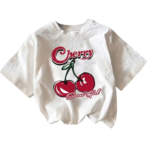 Trendfront Womens Cherry Sweet Girl Graphic T Shirt Fruit Letter Print Tee Retro Cute Crewneck Oversized Drop Shoulder Short Sleeve Summer Tops