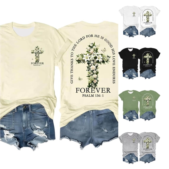 Trendfront Womens Christian T Shirt Floral Cross Graphic Front and Back Print Crewneck Short Sleeves Faith Tee