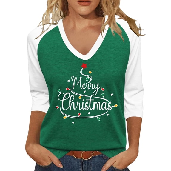 Trendfront Womens Christmas Graphic T Shirts V Neck 3/4 Raglan Sleeve Merry Holiday Winter Tee Tops for Christmas Gatherings And Winter Wear
