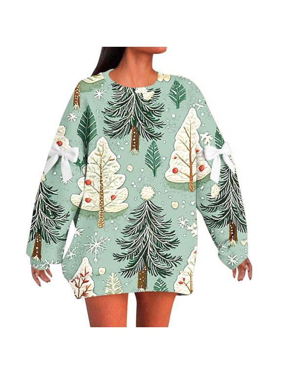 Womens Christmas Long Sweatshirts Winter Forest Tree Allover Print Bow Sleeve Detail Long Sleeve Pullover Tops Holiday Tunic Shirts