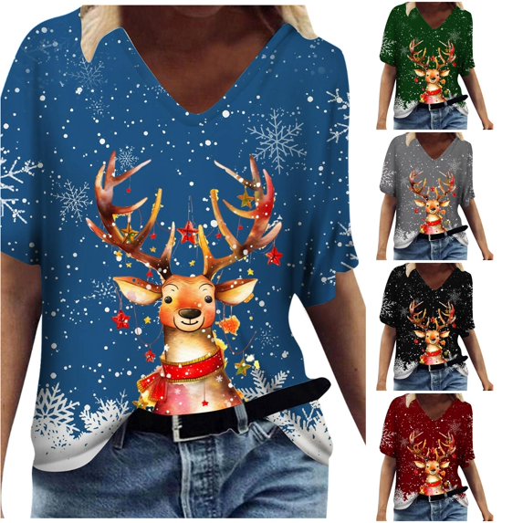 Trendfront Womens Christmas Reindeer T Shirts V Neck Short Sleeve Snowflake Print Festive Holiday Tee Tops