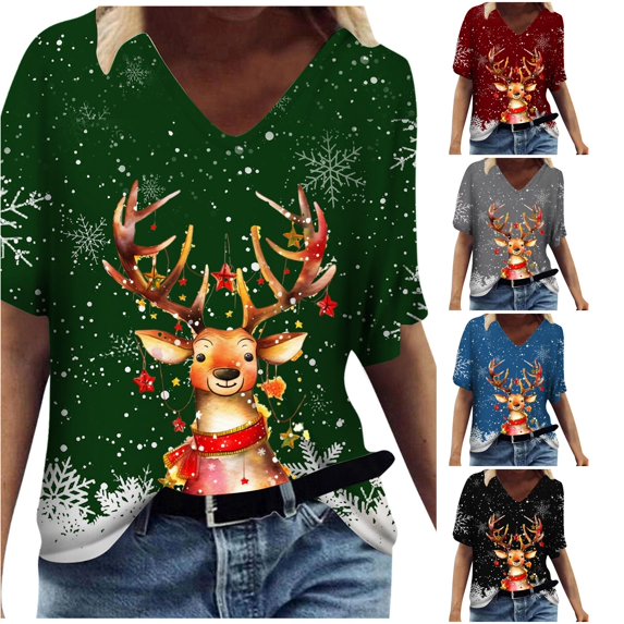 Trendfront Womens Christmas Reindeer T Shirts V Neck Short Sleeve Snowflake Print Festive Holiday Tee Tops
