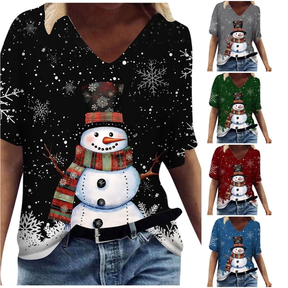 Trendfront Womens Christmas Snowman T Shirts V Neck Short Sleeve Snowflake Print Casual Holiday Tee Tops Winter Celebration Outfit