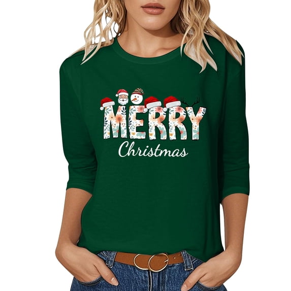 Trendfront Womens Christmas T Shirt Merry Christmas Santa Snowman Print 3/4 Sleeve Crew Neck Holiday Graphic Tops