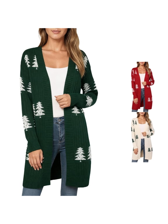 Womens Christmas Tree Cardigan Sweater Long Sleeve Open Front Knit Jacket Holiday Pattern Casual Longline Layering Outerwear