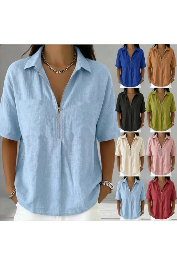 Womens Collared V Neck Zip Front Tops Casual Classic Relaxed Fit Summer Fashion Short Sleeve T Shirts Elegant Basic Daily Wear Tee Shirts