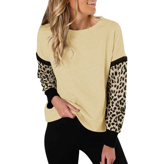 Trendfront Womens Color Block T Shirts With Cheetah Print Panel And Leopard Print Detail Crewneck Long Sleeve Casual Loose Fit Everyday Fall Layering Tee Tops