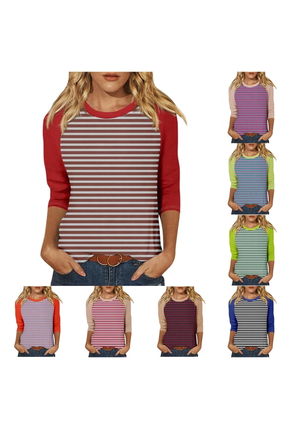 Womens Color Block T Shirts Crewneck Casual Loose Tee for Women Striped Raglan Sleeve 3/4 Sleeve Contrast Stitch Trim Tops
