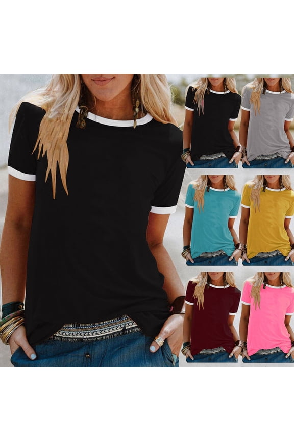 Womens Contrast Ringer Tee Classic Relaxed Fit Soft Pullover Fashion Summer Crewneck T Shirts Short Sleeve Daily Wear Tops