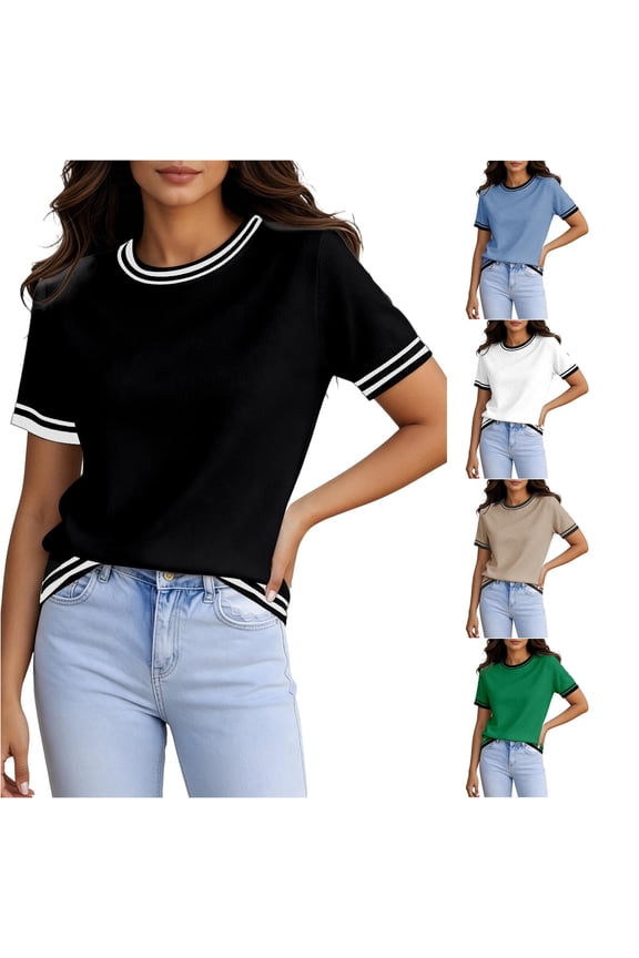 Womens Contrast Striped Trim T Shirts Crewneck Short Sleeve Knit Ribbed Sporty Varsity Casual Blouse Summer Tops