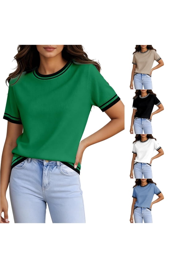 Womens Contrast Striped Trim T Shirts Crewneck Short Sleeve Knit Ribbed Sporty Varsity Casual Blouse Summer Tops