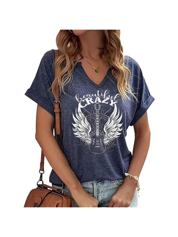 Womens Country Music Tee Beautiful Crazy Guitar Wings Graphic T Shirt V Neck Short Sleeve Concert Tour Casual Tops