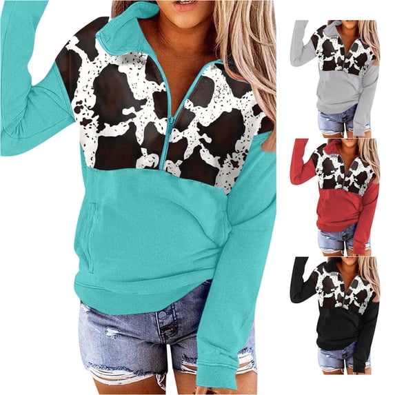 Trendfront Womens Cow Print Quarter Zip Sweatshirt Long Sleeve Animal Pattern Graphic Fall Winter Wear Pullover Top