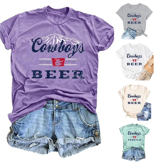 Trendfront Womens Cowboys Letter Print Tee Summer Fashion Crewneck T-Shirts Short Sleeve Classic Retro Graphic Pullover Trendy Shirts