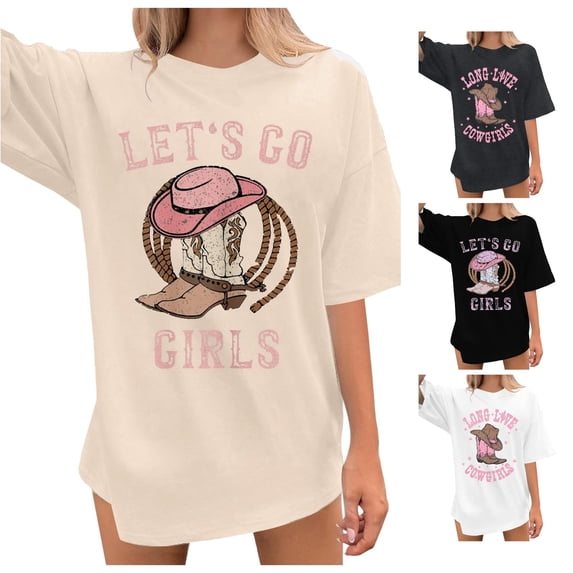 Trendfront Womens Cowgirl Graphic T Shirts Crewneck Short Sleeve Western Boots Hat Print Country Concert Casual Oversized Tee Tops