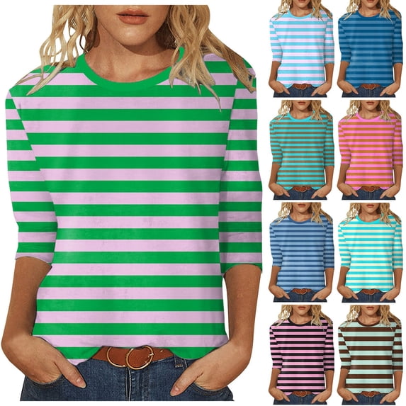 Trendfront Womens Crew Neck 3/4 Sleeve Tops Casual Classic Stripe Graphic Pattern Printed Tees Minimalist Everyday Apparel Style T-Shirts