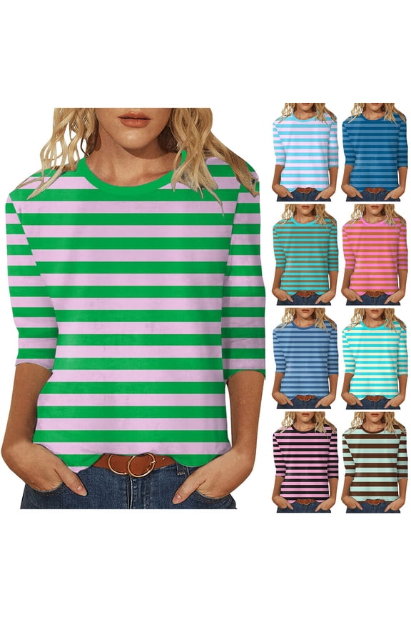 Womens Crew Neck 3/4 Sleeve Tops Casual Classic Stripe Graphic Pattern Printed Tees Minimalist Everyday Apparel Style T-Shirts
