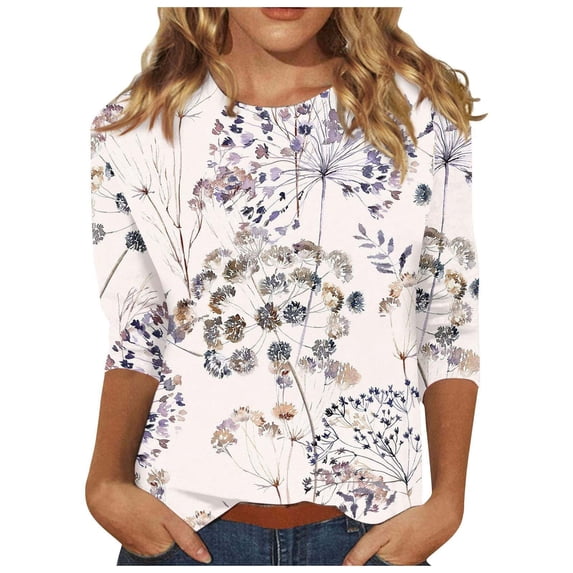 Trendfront Womens Crew Neck 3/4 Sleeve Tops Oversized Loose Fit Flower Floral Tees Graphic Pattern Printed Casual T-Shirts
