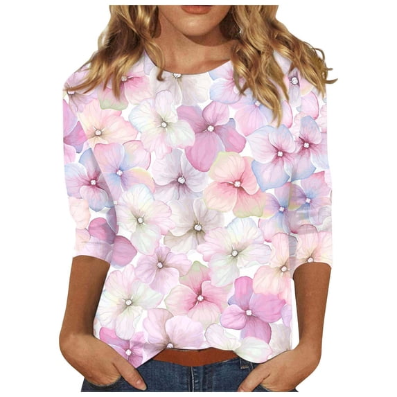 Trendfront Womens Crew Neck 3/4 Sleeve Tops Oversized Loose Fit Flower Floral Tees Graphic Pattern Printed Casual T-Shirts