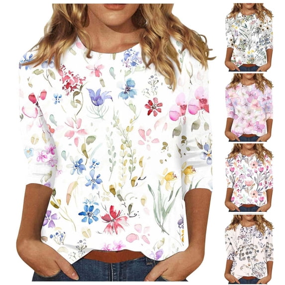 Trendfront Womens Crew Neck 3/4 Sleeve Tops Oversized Loose Fit Flower Floral Tees Graphic Pattern Printed Casual T-Shirts