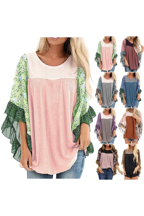 Womens Crew Neck 3/4 Sleeve Tops Womens Plus Size Color Block Patchwork Tees Flower Floral Pullover Pattern Shirts