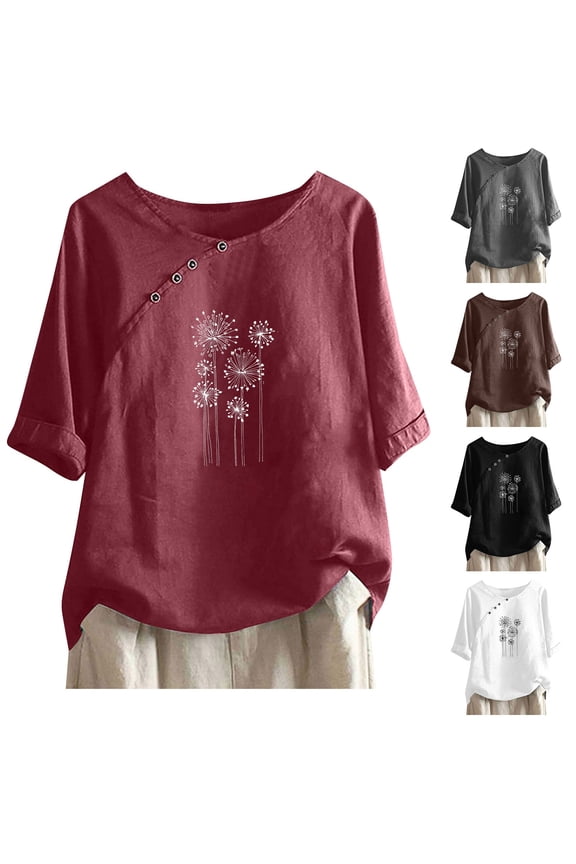 Womens Crew Neck Elbow Sleeve Tops Casual Button Up Botanical Plant Floral Tees Graphic Pattern Printed Fashion T-Shirts