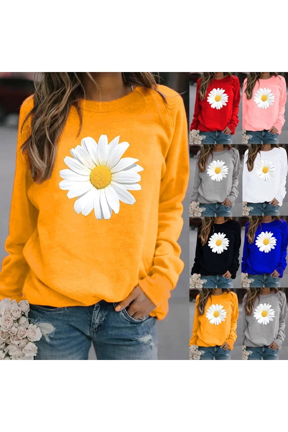 Womens Crew Neck Long Sleeve Tops Daisy Floral Flower Graphic Pattern Tees Printed Pullover Sweatshirt Style Shirts
