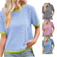 thumbnail image 1 of Trendfront Womens Crew Neck Short Sleeve T Shirts Horizontal Striped Tee Soft Lightweight Breathable Classic Stylish Tops, 1 of 6
