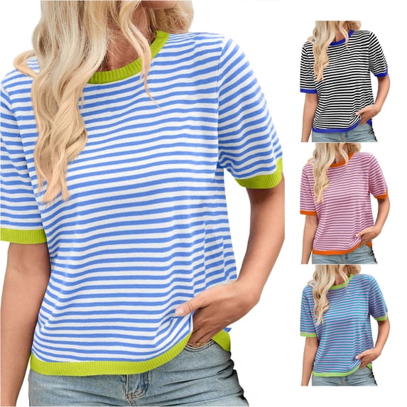 Trendfront Womens Crew Neck Short Sleeve T Shirts Horizontal Striped Tee Soft Lightweight Breathable Classic Stylish Tops