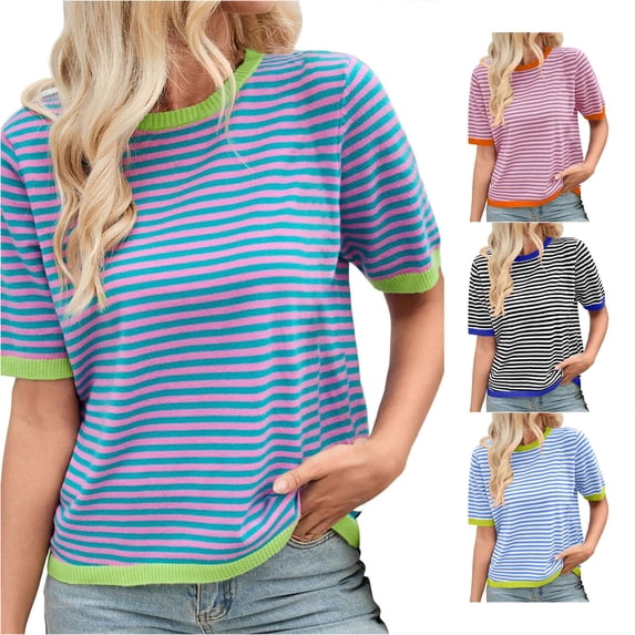 Trendfront Womens Crew Neck Short Sleeve T Shirts Horizontal Striped Tee Soft Lightweight Breathable Classic Stylish Tops