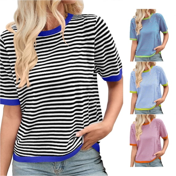 Trendfront Womens Crew Neck Short Sleeve T Shirts Horizontal Striped Tee Soft Lightweight Breathable Classic Stylish Tops