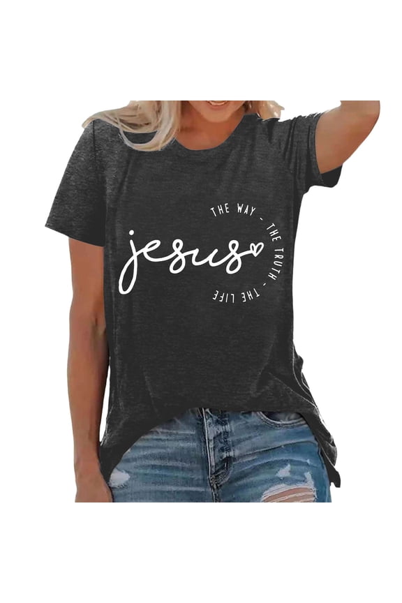 Womens Crew Neck Short Sleeve T Shirts Jesus Letter Print Summer Tee Faith Pattern Casual Top Fashion Apparel