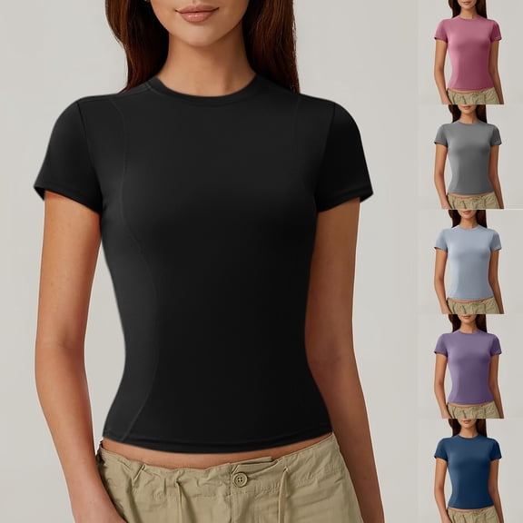 Trendfront Womens Crew Neck Short Sleeve Tops Solid Color Plain Simple Design Tees Athletic Gym Workout Activewear Fitness T-Shirts